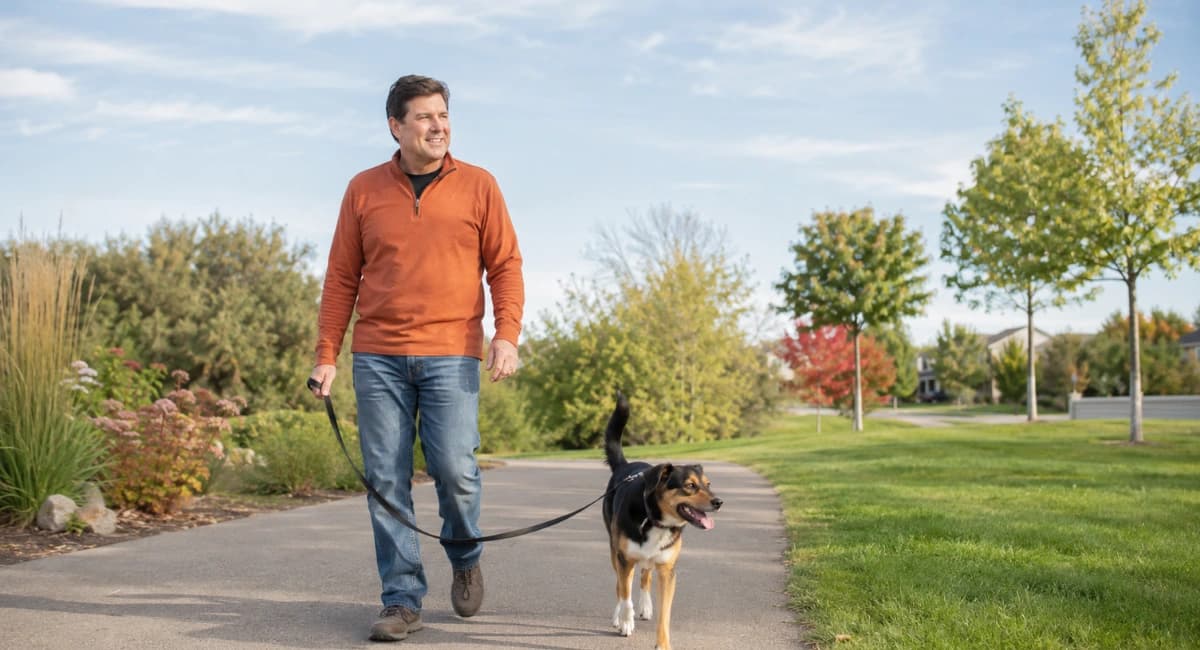 Ein Mann geht in Sportkleidung draußen spazieren.