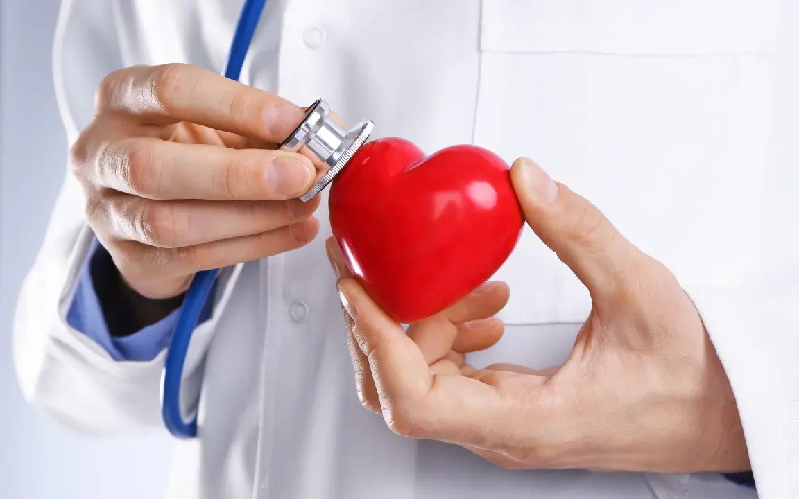 A doctor in a white coat holds a red foam heart against their stethoscope.