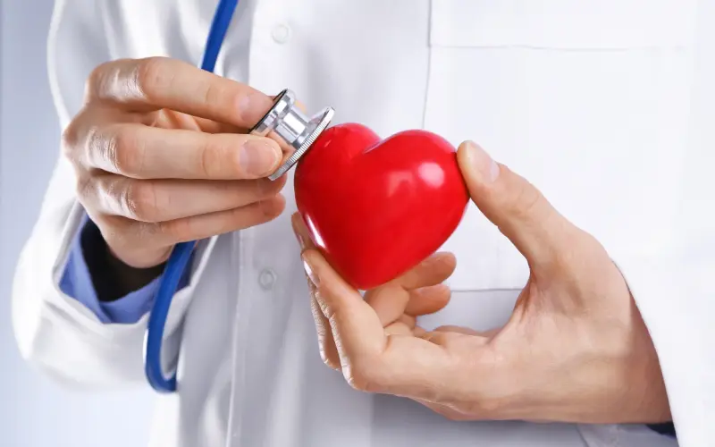 A doctor in a white coat holds a red foam heart against their stethoscope.