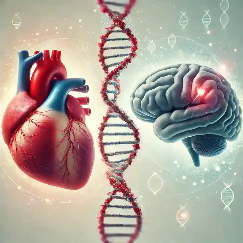 Illustration d'un cœur et d'un cerveau reliés par une double hélice d'ADN.