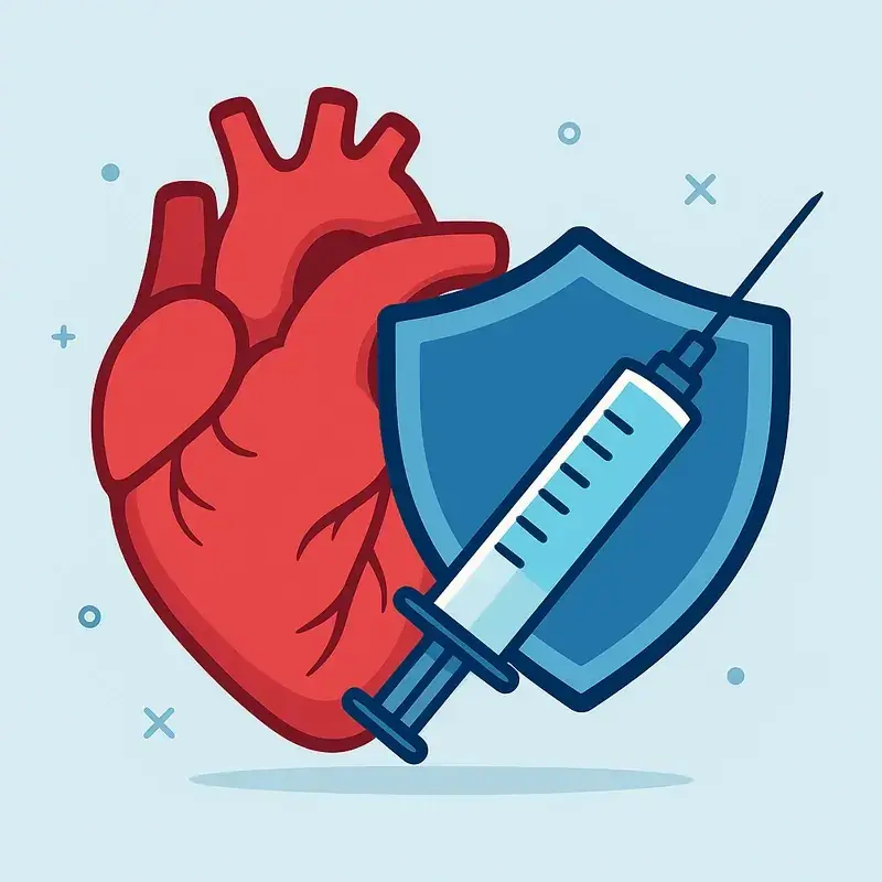 Illustration d'un cœur rouge derrière un bouclier bleu traversé par une seringue.